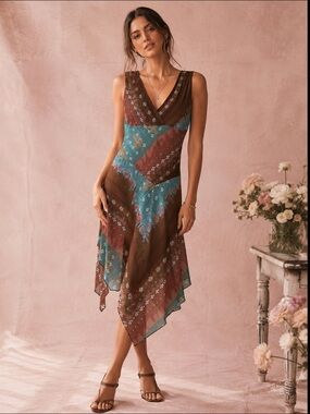 Jessica Y2k Boho Patchwork Handkerchief Hem Dress 14 Sleeveless V-Neck Midi